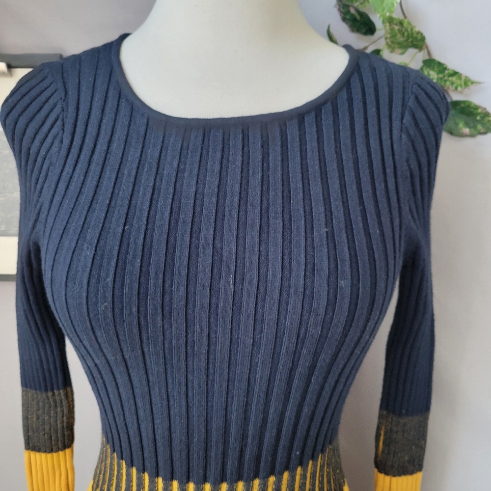Karen Millen Ribbed Knit Color Block Sweater Top Blue Mustard S - Picture 3 of 12